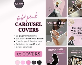 50 Pink Instagram Carousel Covers Canva Templates Coaches Creators Digital Product Sellers Editable Viral IG Cozy TikTok Aesthetic Carousel