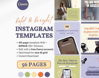 Odważne, kolorowe szablony na Instagram, menedżer mediów społecznościowych, szablony Canva dla trenerów marketingu cyfrowego, twórców, wątki portretowe na Instagramie