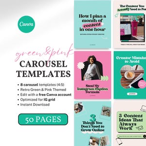 May include: A collection of Canva carousel templates in retro green and pink. The templates include titles like "How I plan a month of content in one hour" and "Creator Mistakes to Avoid." The image also includes the text "50 PAGES."