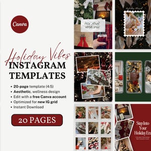 Puede incluir: Imagen promocional de "Holiday Vibes Instagram Templates" con un collage de fotos festivas. El texto incluye "plantilla de 20 páginas", "diseño estético y de bienestar" y "descarga instantánea". El logotipo de Canva es visible.