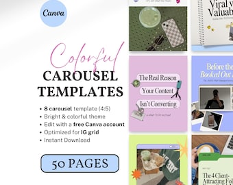 Könnte beinhalten: Werbebild für Canva-Karussellvorlagen. Das Bild zeigt ein Raster farbenfroher Vorlagen mit Textüberlagerungen. Der Text enthält "Colorful Carousel Templates", "8 Karussellvorlagen (4:5)" und "50 Seiten". Die Vorlagen sind für Instagram.