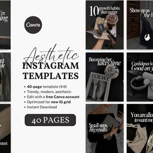 Può includere: Modelli Instagram estetici di 40 pagine, alla moda e moderni. L'immagine presenta foto di lifestyle con sovrapposizioni di testo come "Trust who you're becoming" e "Small steps. Big results."