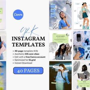 May include: A promotional graphic for Instagram templates. The design features a collage of images with a blue and white color scheme. Text includes "g2k INSTAGRAM TEMPLATES" and "40 PAGES". The Canva logo is also visible.