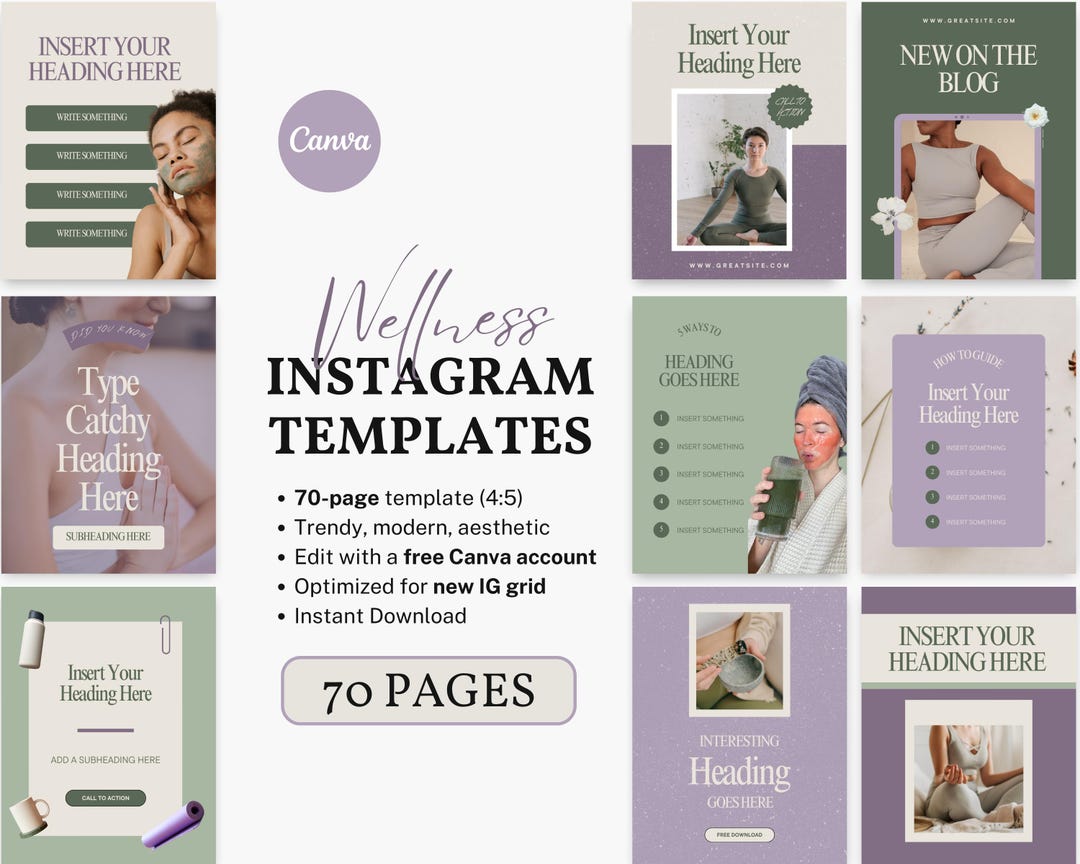 70 Wellness Instagram Canva Templates | Social Media Posts for Health ...