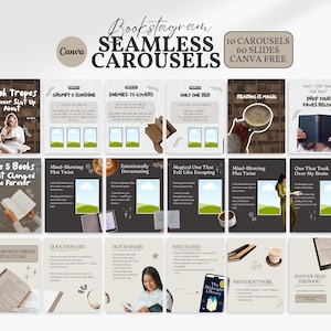 Op de afbeelding: Een promotionele afbeelding voor Instagram met 10 naadloze carrousels met 60 dia's. Het ontwerp bevat tekst en afbeeldingen gerelateerd aan boeken en lezen, met zinnen als "Book Tropes" en "Reading is Magic".