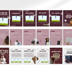Close-up layout preview of seamless Instagram carousel templates showing continuous swipe design across multiple slides for book reviews, reading lists, and book recommendations, optimized for Bookstagram accounts.
