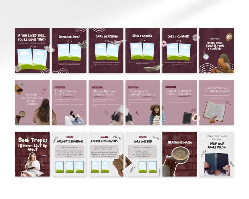 Close-up layout preview of seamless Instagram carousel templates showing continuous swipe design across multiple slides for book reviews, reading lists, and book recommendations, optimized for Bookstagram accounts.