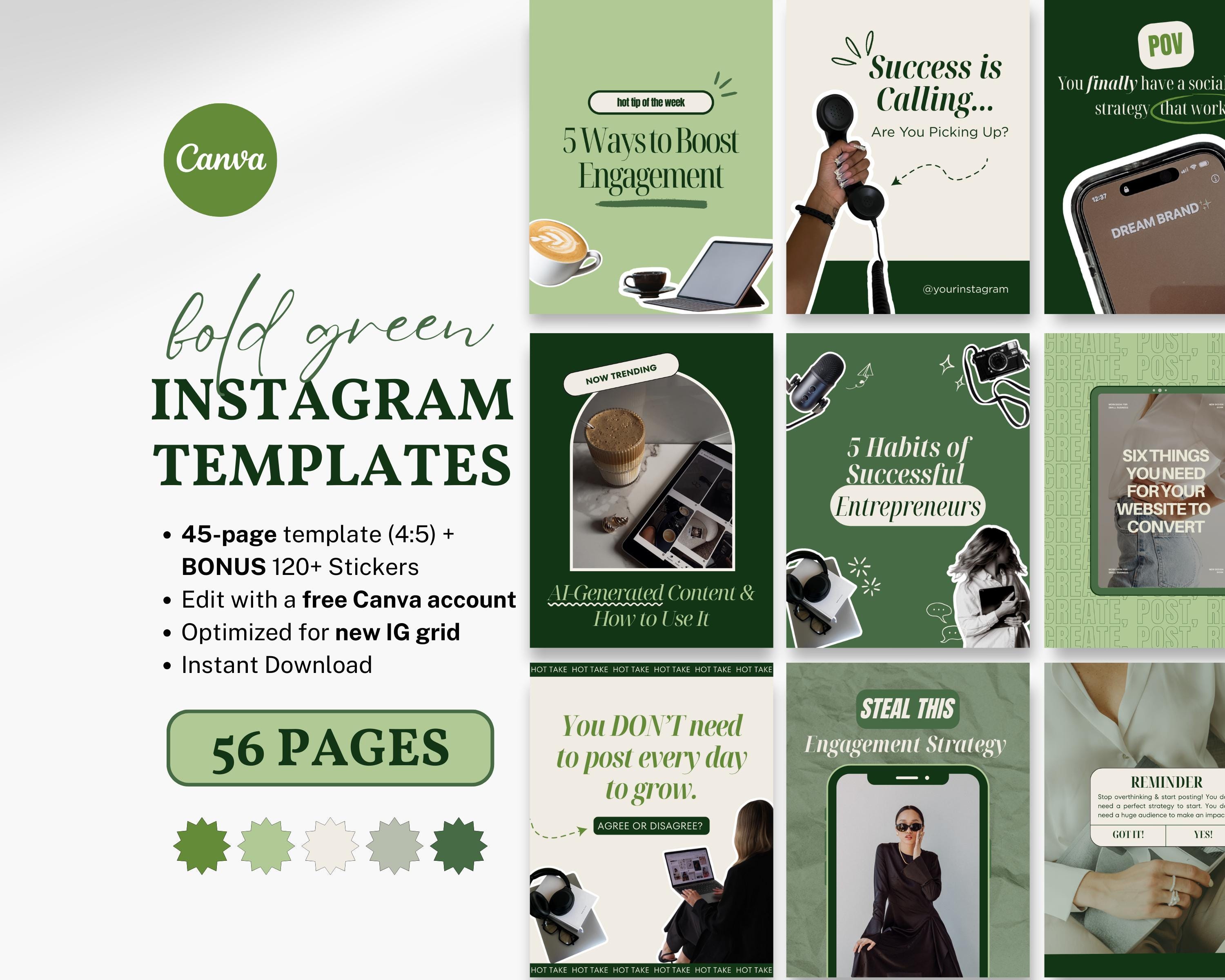 Green Instagram Templates for Social Media Managers Bold Editable Canva ...