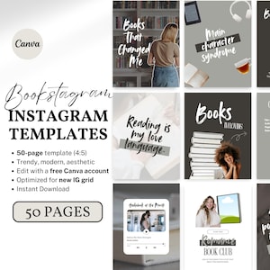 May include: A collection of Instagram templates for book lovers, featuring various designs with text like "Books That Changed Me" and "Reading is my love language." The templates are trendy, modern, and aesthetic, with 50 pages available.