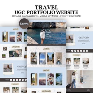 May include: A digital travel UGC portfolio website template featuring a light blue and white color scheme with sections for photography, paid ads, and collaborations. The layout includes placeholders for images, text, and social media icons.