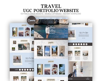 Travel UGC Portfolio Website Template Canva, Aesthetic Blue Scrapbook Creator Site, Influencer Portfolio Landing One Page, Viral Media Kit