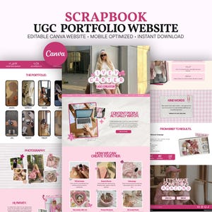 May include: A digital scrapbook UGC portfolio website template featuring a pink and white colour scheme with sections for photography, content examples, and contact information. The layout includes text headers like SCRAPBOOK UGC PORTFOLIO WEBSITE.