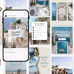 Mock on Phone with Flat Lay. Preview of Mediterranean Canva Instagram templates on a phone – featuring aesthetic travel quotes and relaxed lifestyle content.