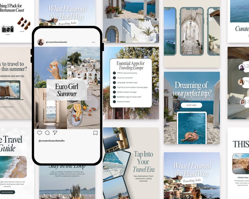 Mock on Phone with Flat Lay. Preview of Mediterranean Canva Instagram templates on a phone – featuring aesthetic travel quotes and relaxed lifestyle content.