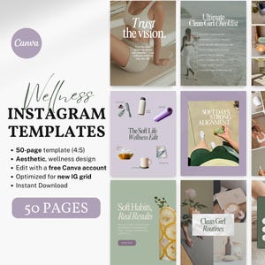 Puede incluir: Plantillas estéticas de Instagram para el bienestar, con un diseño de 50 páginas. Incluye integración con Canva, optimizado para nuevas cuadrículas de IG y descarga instantánea. El diseño incluye el texto "Wellness Instagram Templates" y "50 Pages".