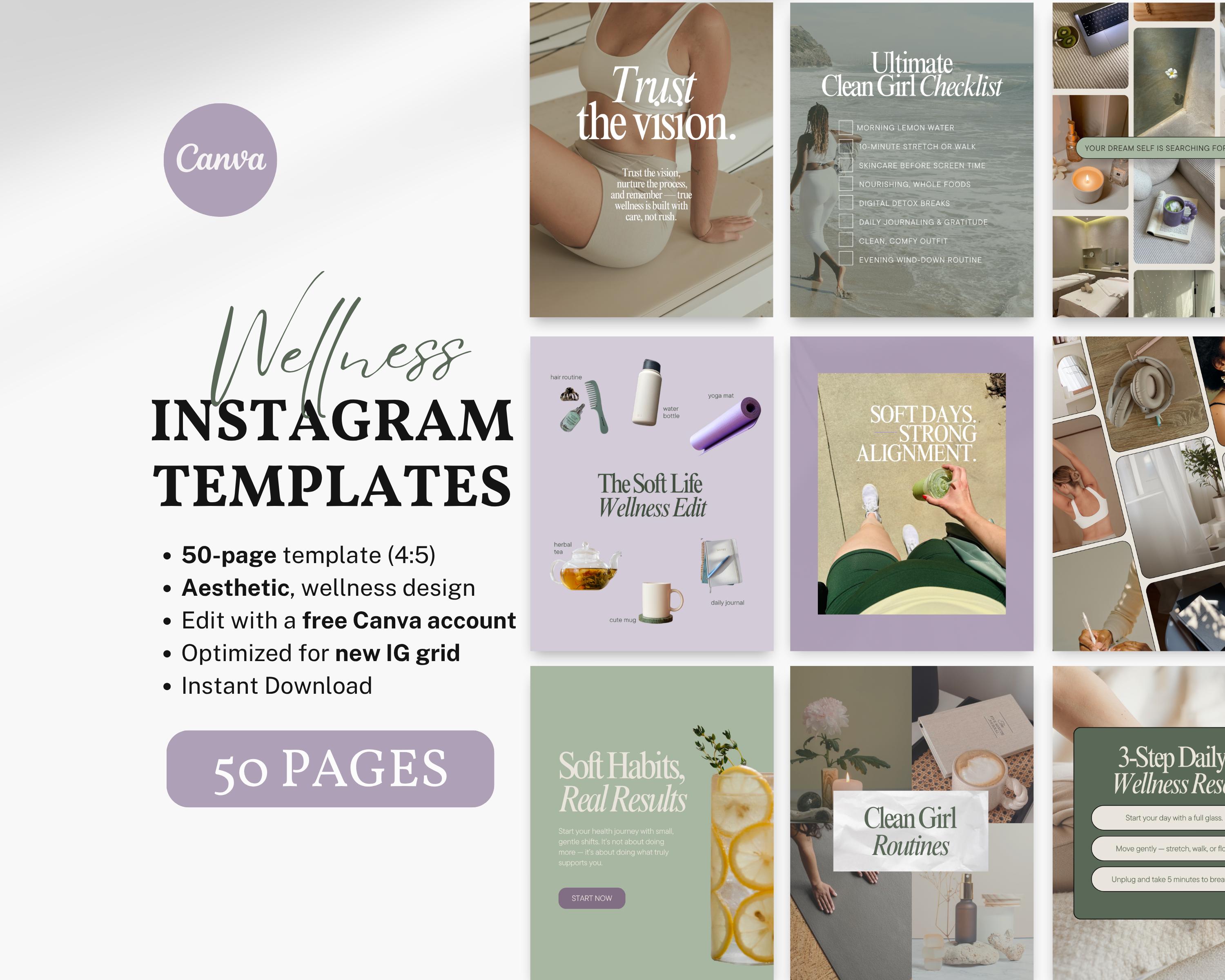 50 Wellness Instagram Canva Templates | Aesthetic Social Media Posts ...