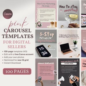 以下が含まれることがあります： デジタルセラー向けのピンクと白のデジタルマーケティングカルーセルテンプレート。テンプレートには、デジタル製品の5段階式フォーミュラ、デジタル製品販売のチェックリスト、6段階式デジタル製品ローンチプランが含まれています。テンプレートはInstagram用に最適化されています。