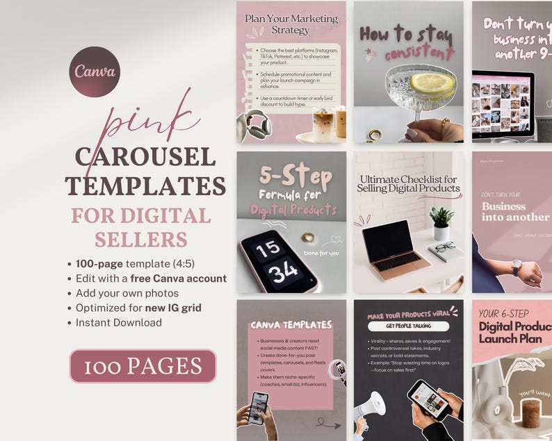 Pink Instagram Template 100 Editable Viral Canva Carousel Templates for ...