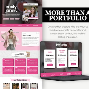May include: A digital portfolio template for creators featuring a pink and white color scheme. The layout includes sections for an about me, services, and pricing packages labeled starter, best-seller bundle, and partnership on a laptop screen.