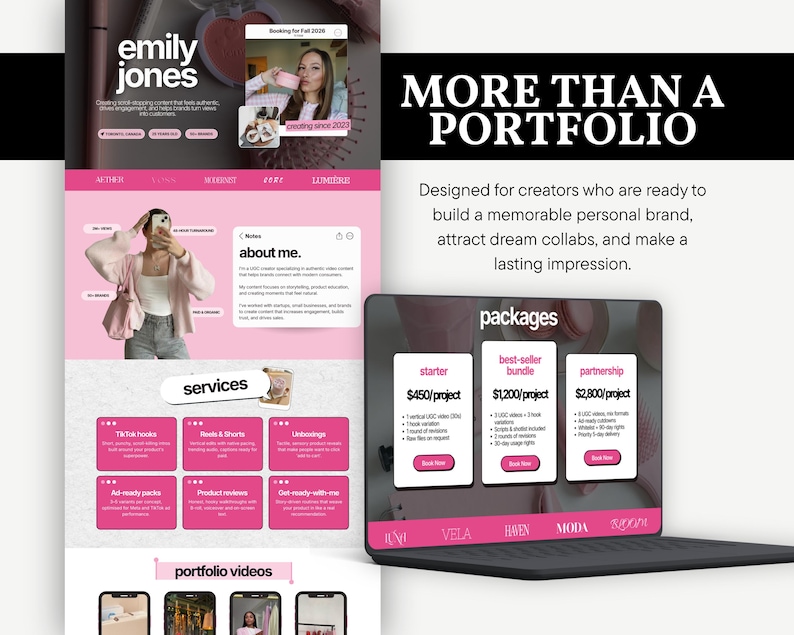 May include: A digital portfolio template for creators featuring a pink and white color scheme. The layout includes sections for an about me, services, and pricing packages labeled starter, best-seller bundle, and partnership on a laptop screen.