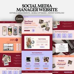 Peut inclure: Un modèle de site web numérique pour gestionnaires de réseaux sociaux, avec une palette de couleurs rouge foncé, rose clair et violet doux. La mise en page comprend des sections pour le portfolio, les études de cas, les témoignages et les services.