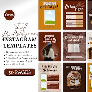 May include: A set of Fall Bookstagram Instagram templates in brown and white. The templates feature text including "September Book Club Pick", "October Recap", and "50 PAGES". These templates are designed for Instagram use.
