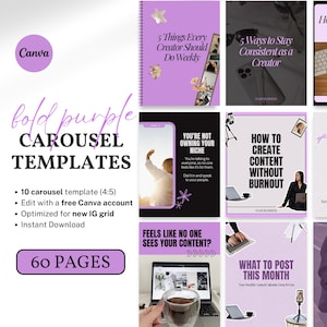 Peut inclure: Ensemble de modèles de carrousel Canva violets audacieux. Les modèles comprennent 10 modèles de carrousel, sont optimisés pour la nouvelle grille IG et sont modifiables avec un compte Canva gratuit. Les modèles comprennent 60 pages et sont un téléchargement instantané.