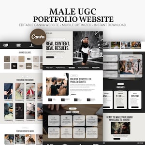 May include: A digital portfolio website template for Canva featuring a black, white, and beige color scheme. The layout includes sections for brand collaborations, featured video work, creator bio, service packages, and content creation categories.