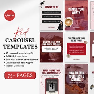 Red Instagram Carousel Templates Canva | 77 Editable Viral Post Templates for Digital Product Sellers Entrepreneurs | Aesthetic Social Media