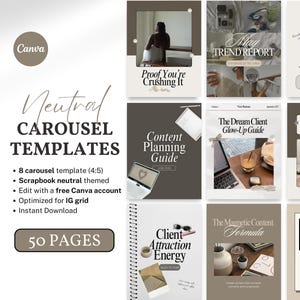 May include: An advertisement for Canva carousel templates, featuring a neutral scrapbook theme. The ad promotes 8 templates, editing with a free Canva account, and optimization for Instagram grids. It also states the product includes 50 pages.