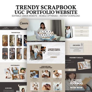 Può includere: Un modello di sito web portfolio digitale per Canva con estetica scrapbook. Il layout include sezioni per fotografia, creazione di contenuti e testimonianze con testo come CORA BROOKS UGC CREATOR e CONTENT PEOPLE ACTUALLY WATCH.
