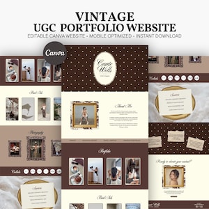 May include: A digital template for a vintage UGC portfolio website featuring a brown and cream colour scheme with polka dot patterns. The layout includes sections for photography, services, and an about me page with the name Carrie Wells.