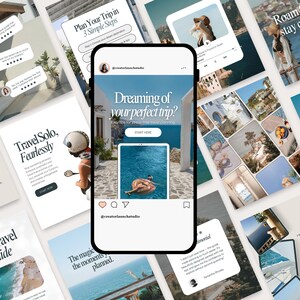 Flat Lay of Templates. Flat lay of 50 coastal-inspired euro summer Canva templates for Instagram – includes reels covers, summer checklists, tips, and soft oceanic color tones.