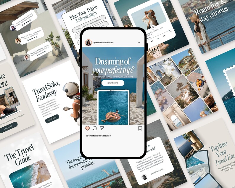 Flat Lay of Templates. Flat lay of 50 coastal-inspired euro summer Canva templates for Instagram – includes reels covers, summer checklists, tips, and soft oceanic color tones.