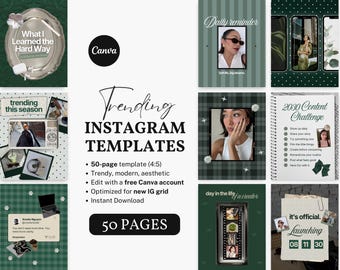 Emerald Green Instagram Templates Canva, Dark Luxury Feed Posts, Modern Green Aesthetic Social Media Brand, Rich Moody Editorial IG Post Set