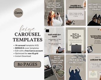 May include: Beige carousel templates for Instagram, featuring 14 templates, 8 cover templates, and optimized for a new IG grid. The templates are editable with a free Canva account and include 80 pages. The image also includes text about digital products.