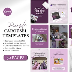 Peut inclure: Ensemble de modèles de carrousel Canva violets. Les modèles sont sur le thème du scrapbooking et optimisés pour les grilles Instagram. L'image comprend le texte "Purple Carousel Templates" et "50 Pages".