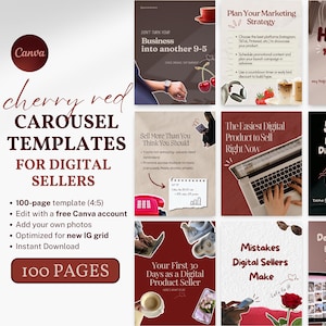 May include: A set of 100 cherry red carousel templates for digital sellers. The templates are designed for Instagram and feature a variety of designs, including a red phone, a laptop, and a smartphone. The text on the templates includes phrases like "Don't turn your business into another 9-5", "Plan your marketing strategy", "Sell more than you think you should", "The easiest digital product to sell right now", "5-step formula for digital products", "Your first 30 days as a digital product seller", "Mistakes digital sellers make", and "How to grow on social".