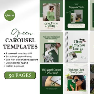 50 plantillas de carrusel de Instagram verdes Plantilla de álbum de recortes de Canva para entrenadores Creadores Emprendedores Gestores de redes sociales Estética editable