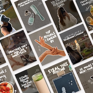 Flat lay of wellness and health-themed Canva carousel templates, viral Instagram design pack, minimal clean aesthetic for fitness creators, lifestyle brands, and coaches.