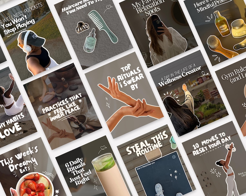 Flat lay of wellness and health-themed Canva carousel templates, viral Instagram design pack, minimal clean aesthetic for fitness creators, lifestyle brands, and coaches.