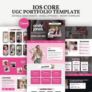 Könnte beinhalten: Eine digitale Portfolio-Vorlage für Canva in Rosa und Weiß mit Abschnitten für Videos, Über mich, Dienstleistungen, Fallstudien und Pakete. Der Text enthält IOS CORE UGC PORTFOLIO TEMPLATE und den Namen emily jones.