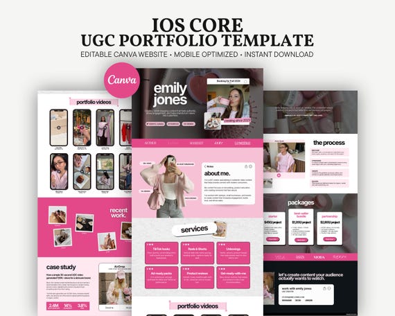 Pink UGC Portfolio Template Canva Website | Aesthetic Creator Media Kit | Influencer Portfolio | iOS Core Site | Personal Brand Rate Sheet