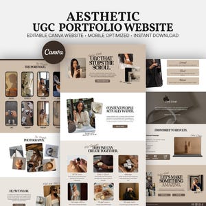 Può includere: Un modello di sito web portfolio digitale con una tavolozza di colori neutri beige e bianco e caratteri serif. Il layout include sezioni per fotografia, creazione di contenuti e casi studio, con il testo UGC THAT STOPS THE SCROLL.