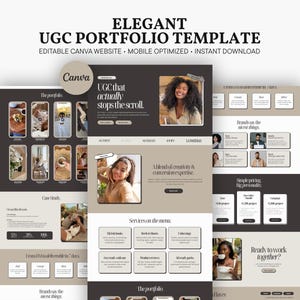 Peut inclure: Un modèle de portfolio numérique pour Canva avec une palette de couleurs neutres composée de brun foncé, de beige et de blanc. La mise en page comprend des sections pour le contenu UGC, les menus de services, les études de cas et les témoignages.