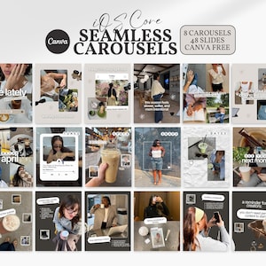 May include: Sixteen Instagram carousel templates in a neutral colour scheme. The templates feature lifestyle photos, text overlays, and the Canva logo. Text includes "life lately," "april," and "DATES."