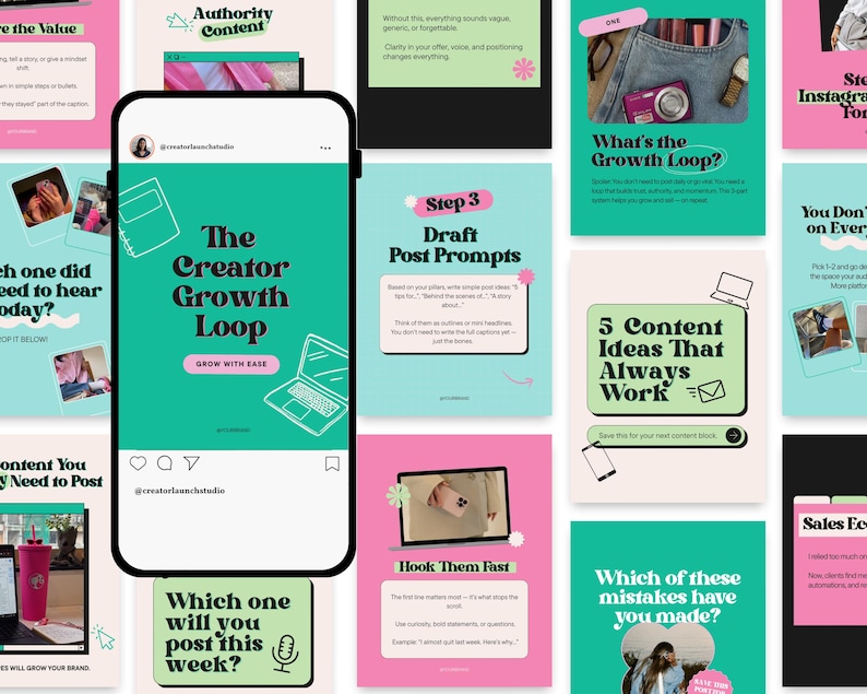 Retro Instagram Carousel Templates in Pink Teal Green 50 Viral ...