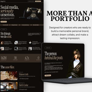 May include: A digital marketing agency website layout featuring a dark color palette, serif typography, and a vintage telephone graphic. The screen displays text including Social media, seriously unserious, More than a portfolio, and The person behind the posts.