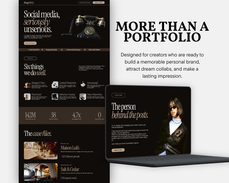 May include: A digital marketing agency website layout featuring a dark color palette, serif typography, and a vintage telephone graphic. The screen displays text including Social media, seriously unserious, More than a portfolio, and The person behind the posts.