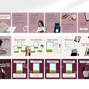 Full bundle preview of burgundy aesthetic Bookstagram carousel templates showing multiple swipe posts including book rating posts, reading lists, book swaps, and book recommendations designed for Instagram book creators.